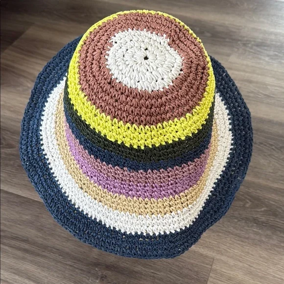 Hatattack Navy Striped Crochet Hat Multicolor Bucket Hat NWT Boho Summer Beach